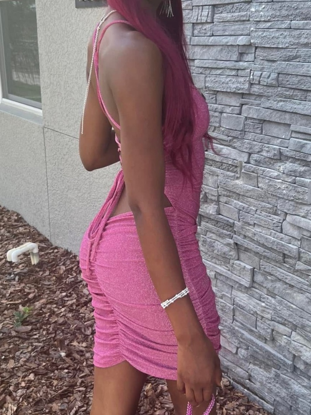 SHEIN Fuchsia Ruched Open-Back Mini Dress